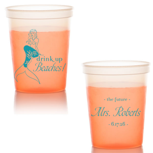 Sip Up Siren. Dive into bachelorette fun with the Drink Up Beaches Mermaid Cup. Featuring a stunning mermaid graphic and the cheeky phrase “Drink Up Beaches,” this design is perfect for celebrating the bride-to-be’s magical journey to becoming the future Mrs. Ideal for those who embrace the enchanting allure and playful spirit of mermaids.

