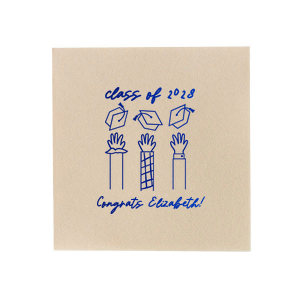 Mark the occasion with the Celebration Caps Line Art Napkin, where the graduate's name and year take flight in a beautiful script, amidst a modern line drawing of three arms joyously tossing graduation caps skyward. A stylish symbol of success for any graduation party.