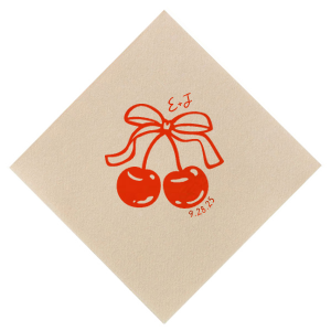 Pair your next special occasion with the Cherry Bow Initials Napkin! The two cherries are tied together by a bow, reflecting the partnership of you and your sweetheart. Customize the text to make it extra special at your next momentous occasion, be it an engagement, wedding, anniversary or any other celebration of love.