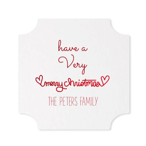 The ever-popular Kraft with Blush back Nouveau Coaster with Shiny Convertible Red Foil has a Merry Christmas Hearts graphic and is good for use in Christmas, Warm-Hearted themed parties and can be personalized to match your party's exact theme and tempo.