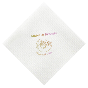 Dance into matrimony with the Disco Cat Wedding Napkin, a playful addition to your celebration featuring a cat clutching a disco ball, surrounded by sparkles. Personalize with the couple's names in a retro-modern font for a whimsical touch to your nuptial festivity.