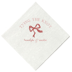 Seal your union with the Knotting Hearts Wedding Napkin, customized with the couple's names in an elegant script, beneath the phrase "tying the knot," and accented by a chic bow graphic. A romantic and fashionable detail for your nuptial celebration.