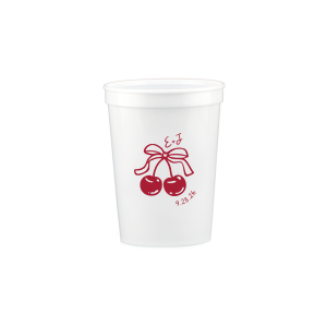 Raise a glass at your next special event with the Cherry Bow Initials Cup! The two cherries are tied together by a bow, reflecting the partnership of you and your sweetheart. Customize the text to make it extra special at your next momentous occasion, be it an engagement, wedding, anniversary or any other celebration of love.