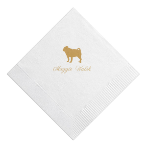 The Pug Love Dog Celebration Napkin charmingly celebrates pet love with a bold silhouette of a pug, symbolizing the owner's affection for their furry friend. This is complemented by the celebrant's name, elegantly scripted below, creating a blend of fun and sophistication in this unique design.