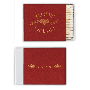 The Peony Garden Floral Name Wedding Match marries elegance with botanical beauty. The front gracefully showcases the couple's names in all caps, arched above and below a central flourish featuring a detailed Peony, symbolizing a happy marriage. The back, adorned with the date and flanked by delicate boughs, completes this refined design.