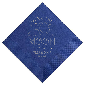 Personalized Light Navy Cocktail Napkin with Shiny Sterling Silver Foil has a Night Sky graphic and is good for use in Baby Shower, Weddings and other celebrations and will make your guests swoon. Personalize your party's theme today.