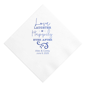The Dynamic Stacked Love Laughter Wedding Napkin design exudes gaiety with its stacked "Love, Laughter & Happily Ever After" phrase in varied fonts, reminiscent of a melody. A large scrolling flourish with spark-like details adds dynamism. Below, the couple's names and date anchor this vibrant, joyous theme.