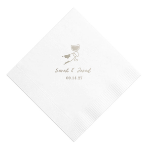 Add a whimsical touch to your wedding celebration with the Toasting Hands Wedding Napkin, showcasing a charming cartoon hand toasting with a glass of wine. Customizable with the couple's names in a sweet script font and the special date in an elegant serif below, this napkin is a perfect blend of fun and sophistication.