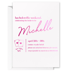 Our new custom Bachelorette Weekend Playing Cards Invite is here, modify it and invite your closest ones today. The details couldn't be overlooked, you'll be complimented right away.