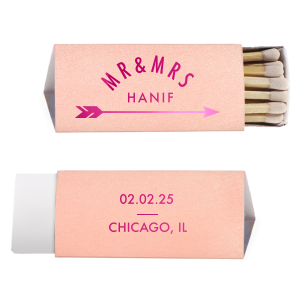 Strike a spark of celebration with the Wedding Arrow Matchbox, where an elegant 'Mr & Mrs' arch crowns the shared surname, accented by a dynamic shooting arrow. The back holds the date and locale, marking the start of the couple's forever