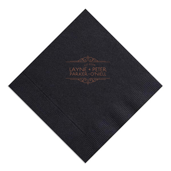 Step back into an era of elegance with the Vintage Deco Frame Napkin, featuring an exquisite Art Deco frame that spotlights the couple's names and wedding year. Each detail swirls together, drawing eyes to the heart of your timeless celebration.