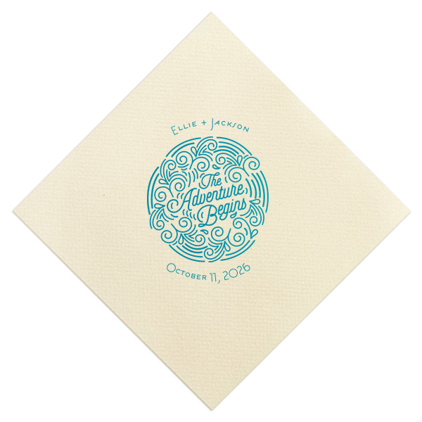 Add the perfect touch to your bar, dessert table or appetizers with this Adventure Begins personalized Ivory napkin. Pair your names and date with our Adventure Badge for a seamless detail in your outdoor themed wedding. 