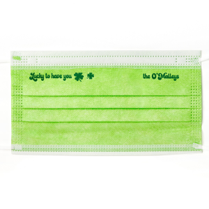 The ever-popular Green Disposable Face Mask with Shiny Leaf Foil has a Clovers graphic and is good for use in St. Patricks Day, Holiday themed parties and couldn't be more perfect. It's time to show off your impeccable taste.