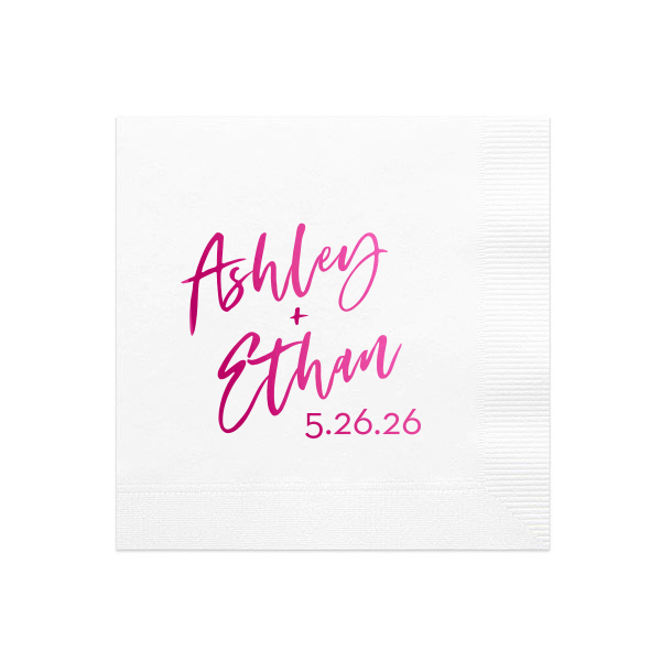 Step into the spotlight with the Modern Stacked Names & Date Napkin, where the couple's names take center stage in a marquee-inspired scrolling script. The date, presented in striking block letters, adds a dramatic touch, making every guest feel part of the star-studded event.