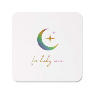If you are throwing a baby shower, this custom coaster is for you! Featuring a beautiful moon and stars motif, you can personalize this coaster with the name of the baby to be. 