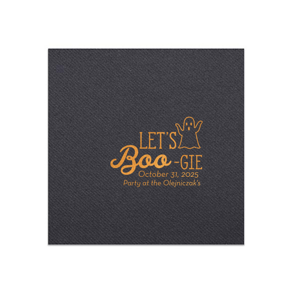 Our personalized Black Cocktail Napkin with Shiny Copper Foil has a Ghost graphic and is good for use in Halloween themed parties and can be personalized to match your party's exact theme and tempo.