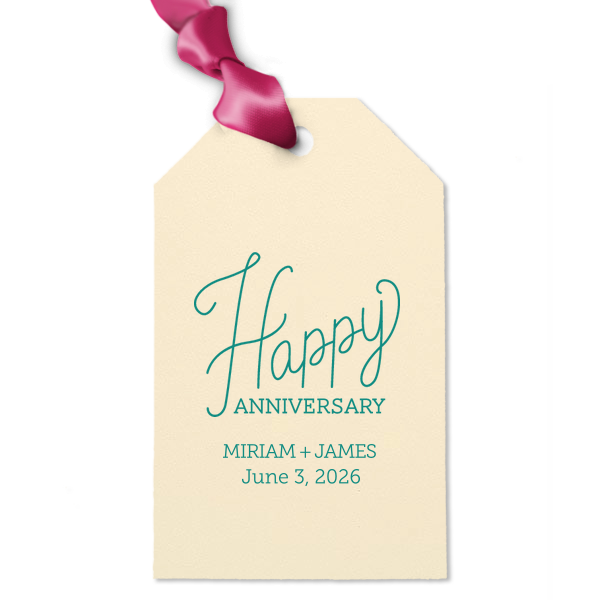 Custom Poptone Sky Blue Luggage Gift Tag with Shiny 18 Kt Gold Foil Color has a Happy Anniversary 2 graphic and is good for use in Words themed parties and will make your guests swoon. Personalize your party's theme today.