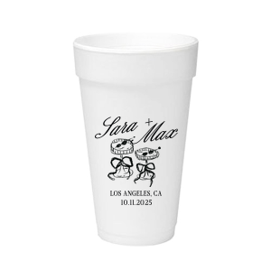 The Wedding Glass & Bow Cup is the must have trendy design for your one of a kind lifetime event. Featuring hand-drawn bows tied around champagne glasses alongside customizable text in the screen printed ink color of your choice to best pair with your party's vibe.