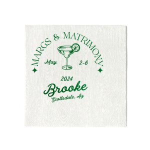 Set the scene for a bachelorette blast with the Margs and Matrimony Bachelorette Party Napkin, customized with the bride-to-be's name in elegant script, and detailed with the party's locale and date. The bold margarita illustration infuses a modern vibe into the festivities.