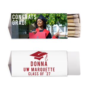 ForYourParty's personalized White Classic Custom Photo Matchbox with Matte Black Ink Digital Print Colors and Matte Red Berry Ink Digital Print Colors has a Cap graphic and is good for use in Graduation themed parties and couldn't be more perfect. It's time to show off your impeccable taste.