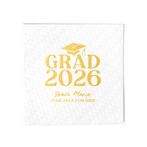 Honor the graduate's milestone with the Grad Cap Elegance Year Napkin, featuring a dignified graduation cap, the year of triumph in bold text, and the graduate's name in an elegant script. A classy and memorable addition to any graduation party tablescape.