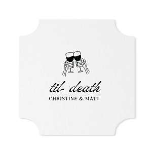 Elevate your party at home or in the office with the Til Death Toast Coaster. The sleek and fully customizable design is sure to make your event forgettable. Adorned with two skeletal hands clinking wine glasses above personalized text, they are perfect for seasonal weddings or Halloween events.