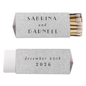 Celebrate in Gatsby style with our Vintage Glamor Glitz Matchbox, personalized with a couple’s names and special date. Its Roaring Twenties design, when chosen with the silver glitter color, brings a touch of vintage glamor. Ideal as a memorable takeaway for guests at themed parties, weddings, or any festive occasion celebrating love and elegance.
