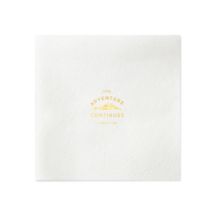 The Adventure Continues Napkin design encapsulates the spirit of exploration and shared journey. Featuring a graphic of snow-capped mountains with "The Adventure" arching over and "CONTINUES" below, it symbolizes the ongoing journey of the couple. Their names personalize this narrative of continuous adventure and discovery as they embark on life together. 