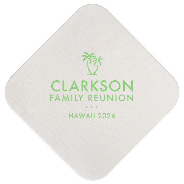 Capture the essence of paradise with the Palm Tree Reunion Coaster. Featuring two palm trees swaying in the breeze, this design brings the islands, ocean, and sandy shores to your celebration. Perfect for any event under the sun!