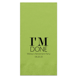 Celebrate the end of an era with the I’m Done Retirement Party Napkin. Boldly proclaiming "I’m Done," this amusing design captures the triumph of reaching retirement. Perfect for honoring the retiree as they close one chapter and eagerly look forward to the next adventure.