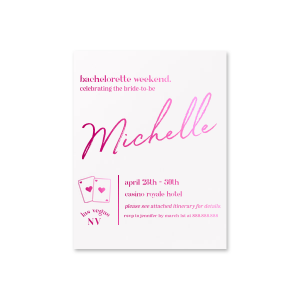 Our new custom Bachelorette Weekend Playing Cards Invite is here, modify it and invite your closest ones today. The details couldn't be overlooked, you'll be complimented right away.