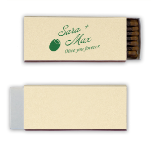 The Olive You Forever Matchbook makes for a great memento to share with your friends and loved ones. Customize the classy design in your choice of foil stamp and paper colors to create a unique keepsake for your next engagement, wedding, or anniversary party!
