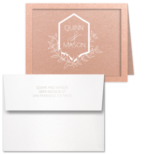 Custom Poptone Peach Classic Note Card with Envelope has Matte White Foil and Shiny Sterling Silver Foil with a Crest Leaf graphic and is good for use in Floral, Wedding themed parties and will impress guests like no other. Make this party unforgettable.