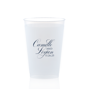 The Elegant Swirl Script Names Cup showcases the couple’s names in a fancy, swirling script, elegantly intertwined for a sophisticated touch. Stacked artistically, this design radiates elegance, adding a uniquely graceful accent to any celebration.