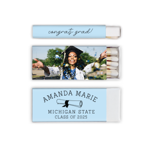 ForYourParty's chic White Classic Custom Photo Matchbox with Matte Sky Blue Ink Digital Print Colors and Matte Black Ink Digital Print Colors has a Graduation Scroll graphic and is good for use in Graduation themed parties and will make your guests swoon. Personalize your party's theme today.