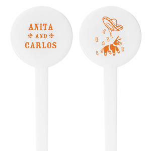 Stir up some festive fun at your anniversary celebration with the Fiesta Forever Anniversary Stir Stick. Adorn one side with a lively graphic of a piñata, sombrero, and confetti, and customize the other with the honored couple's names for a personalized touch to your spirited fiesta.
