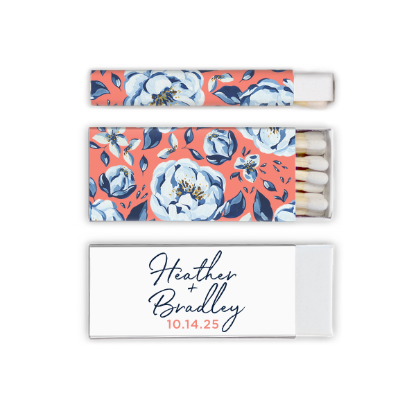 Our custom White Square Custom Photo Matchbox with Matte Light Coral Ink Digital Print Colors and Matte Navy Ink Digital Print Colors will make your guests swoon. Personalize your party's theme today.