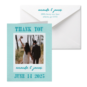 Capture the memories and gratitude with this vintage-inspired Polaroid Wedding Thank You Card! The card's playful design evokes a sense of nostalgia and brings a fun and quirky touch to your thank you message. Your guests will love the personalized touch and the retro vibe!
