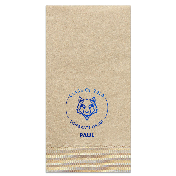 ForYourParty's personalized Sand Luncheon Napkin with Shiny Royal Blue Foil has a Wolf Mascot graphic and is good for use in Animals, Graduation themed parties and will impress guests like no other. Make this party unforgettable.