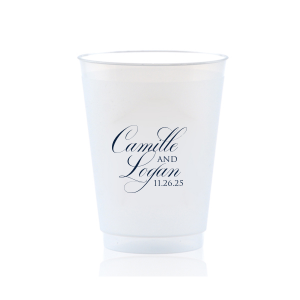 The Elegant Swirl Script Names Cup showcases the couple’s names in a fancy, swirling script, elegantly intertwined for a sophisticated touch. Stacked artistically, this design radiates elegance, adding a uniquely graceful accent to any celebration.