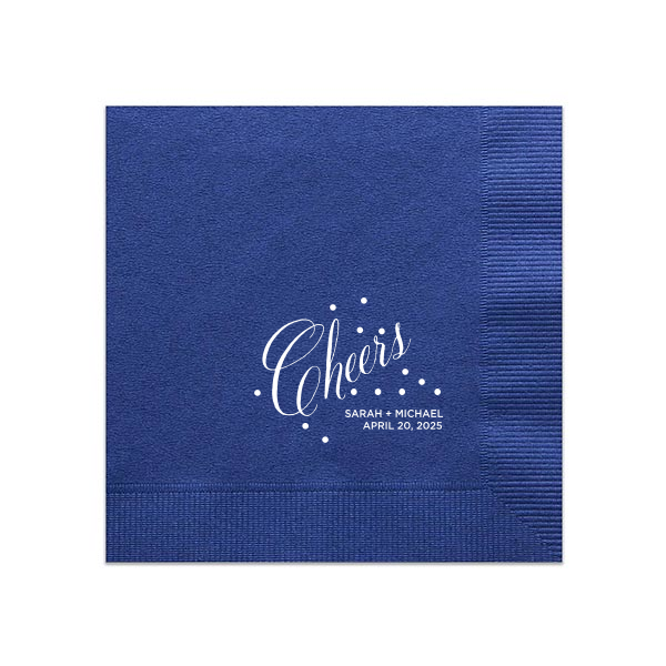 Toast to joy with the Cheers Bubble Napkin where effervescent dots frolic around a spirited 'Cheers' in whimsical script. Adorned with the couple's names and event date, these napkins burst with elegance—ideal for weddings and celebratory toasts.