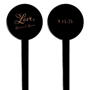 Meet the Wedding Love Stir Stick—a love letter in every cocktail. The front graces a large scripted "LOVE," inviting the newlywed names like the close of a cherished note. Flip it for the event date—a fond sip of romance. Perfect for stirring love into every drink! 