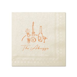 The Food, Family, Friends Napkin is perfect for holiday events and beyond. The quaint dinner graphic alongside the customizable text makes for a bespoke dinner accouterment. Pick out your choice of colors and you're set for an unforgettable time!
