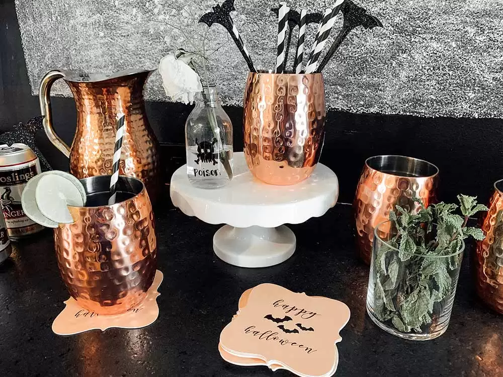 Custom Halloween Coasters on Gorgeous Bar Cart