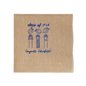 Mark the occasion with the Celebration Caps Line Art Napkin, where the graduate's name and year take flight in a beautiful script, amidst a modern line drawing of three arms joyously tossing graduation caps skyward. A stylish symbol of success for any graduation party.
