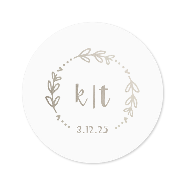The ever-popular White Small Round Label with Shiny Sterling Silver Label Print Colors has a Date Wreath graphic and is good for use in Frames, Wedding themed parties and will look fabulous with your unique touch. Your guests will agree!