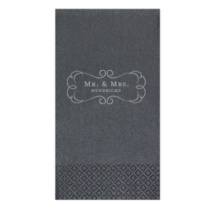 Our custom Soft Black Shimmer Cocktail Napkin with Satin Sterling Silver Foil has a Ornate Frame graphic and is good for use in Elegant themed parties and can't be beat. Showcase your style in every detail of your party's theme!