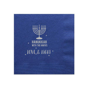 ForYourParty's personalized Sky Blue Cocktail Napkin with Satin Sterling Silver Foil has a Menorah graphic and is good for use in Jewish Symbols, Holiday themed parties and will impress guests like no other. Make this party unforgettable.