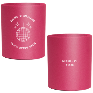 The Dazed and Engaged Bachelorette Disco Ball Can Cooler is a funky and fun accessory that will add some sparkle to your bachelorette or engagement party! It is the perfect way to show off your style and celebrate your upcoming nuptials. Customize with the location of your event, name, and date for a perfectly personalized party accessory.