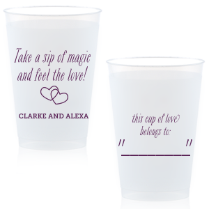 Create wedding details so perfect, they're magical. Customize this plastic cup for wedding barware that can double as a personalized party favor! Our Interlocking Hearts graphic will fit any theme. Simply choose your colors and add your names.